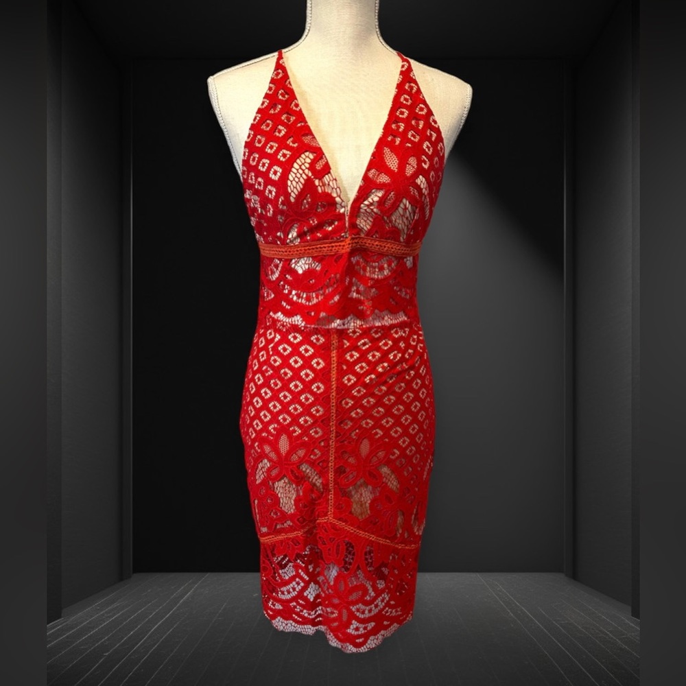 Red French Lace Pencil Skirt and V-Neck Top Dress Size Medium